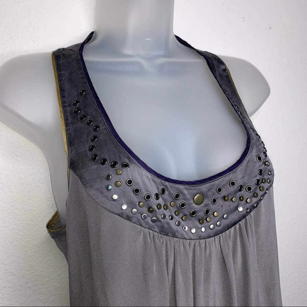 Matty M Beaded Keyhole Back Satin Tank Top Small Gray Silver Gold Bronze Boho